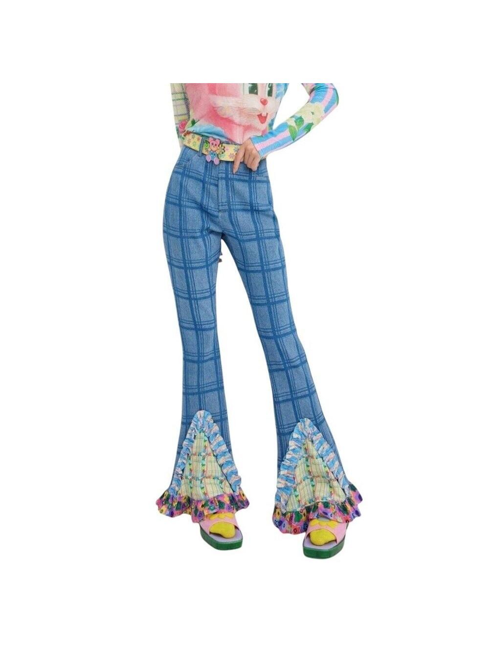 TNTNTUTU Women's Ruffled Splice Plaid Flared Pants Size XL Multicolor Blue - Picture 1 of 8